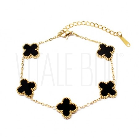 Pulseira da Moda Flores Detalhe em Preto (trevo)  - Aço Inox Dourado