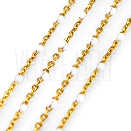 Corrente c/ Bolinhas Brancas 1.8mm - Aço Inox Dourado